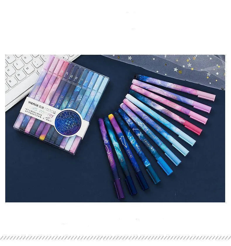 Set of twelve plastic ballpoint pens with different constellation and zodiac designs
