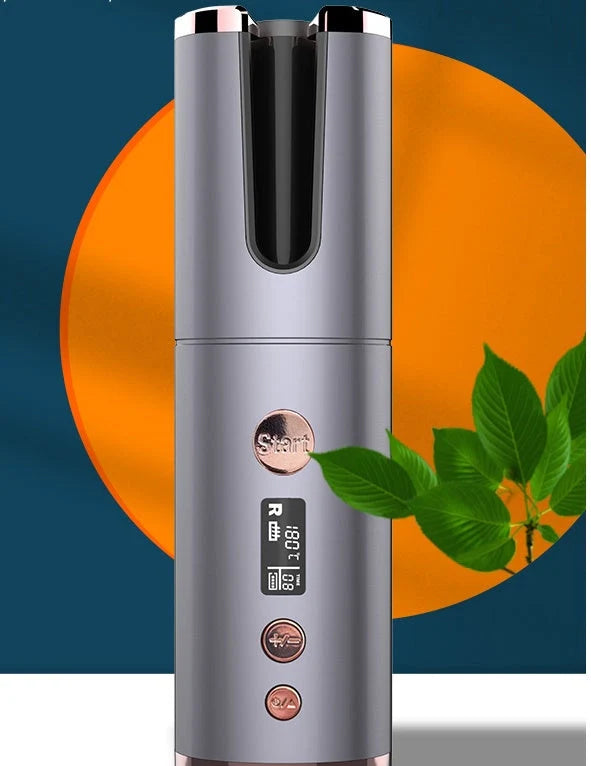 Wireless rechargeable curling iron with automatic rotation in grey, pink, gold, and purple