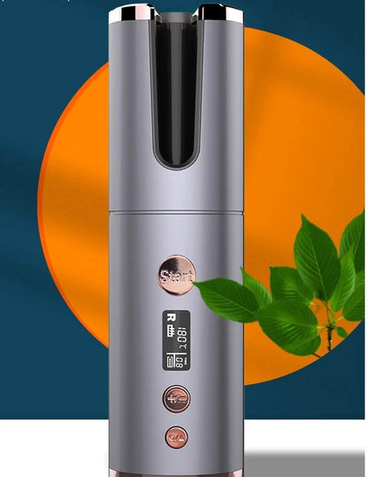 Wireless rechargeable curling iron with automatic rotation in grey, pink, gold, and purple