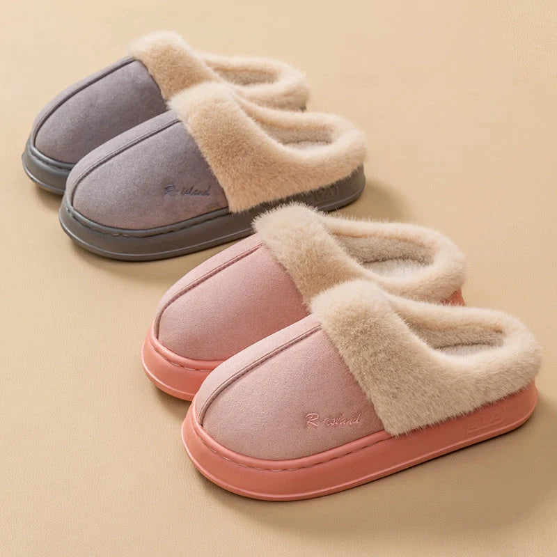 Winter fluffy slippers with non-slip soles in pink, khaki, white, and grey
