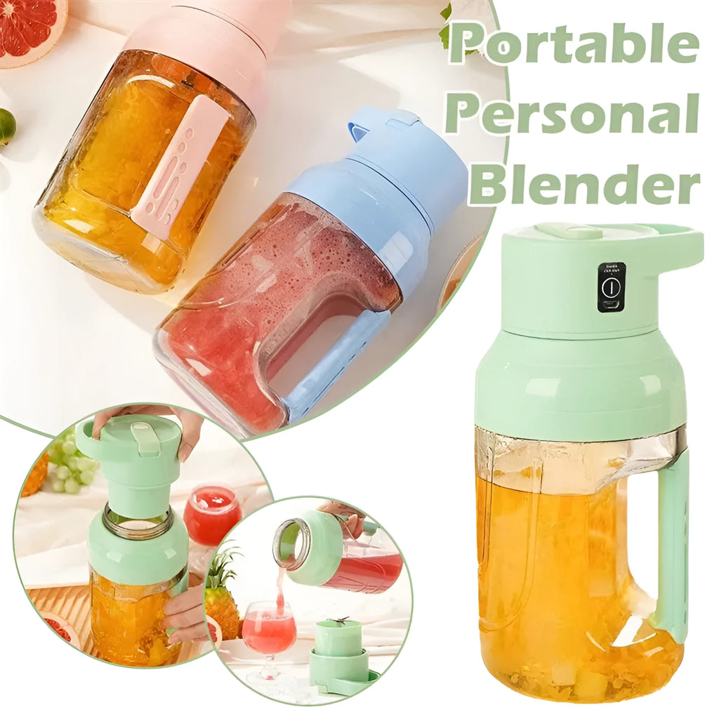 Portable electric juicer blender with 1500ml capacity, USB charging port, and eight steel blades