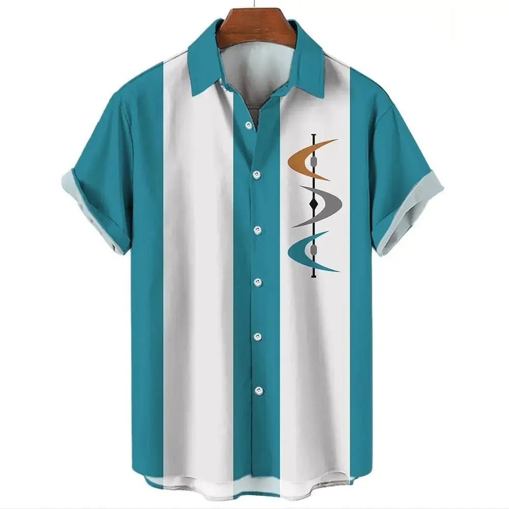 Men's striped Hawaiian short sleeve button-up shirt on a hanger.