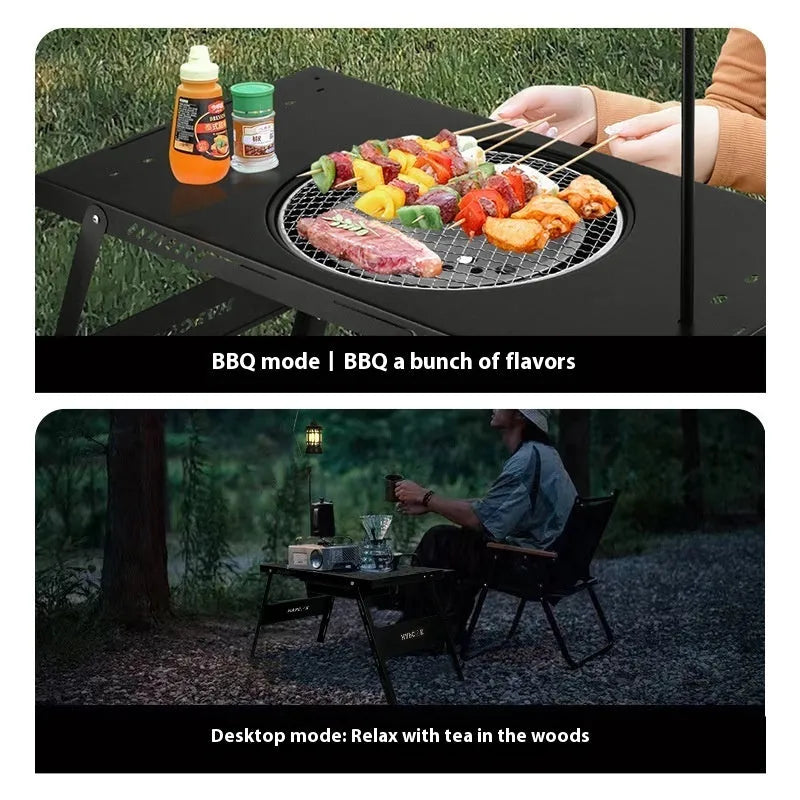 Black folding travel barbecue table with steel construction and choice of round or square cooking surface