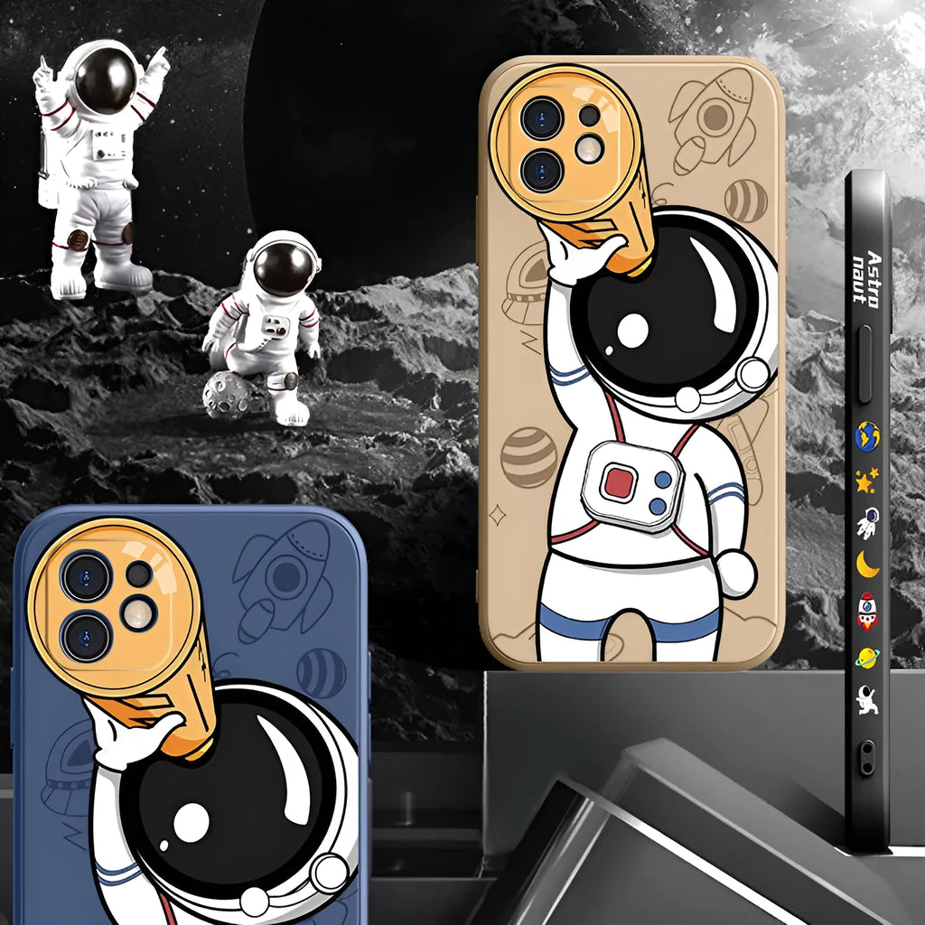 Cartoon astronaut design on a soft black silicone phone case for iPhone, showing a telescope and planets.