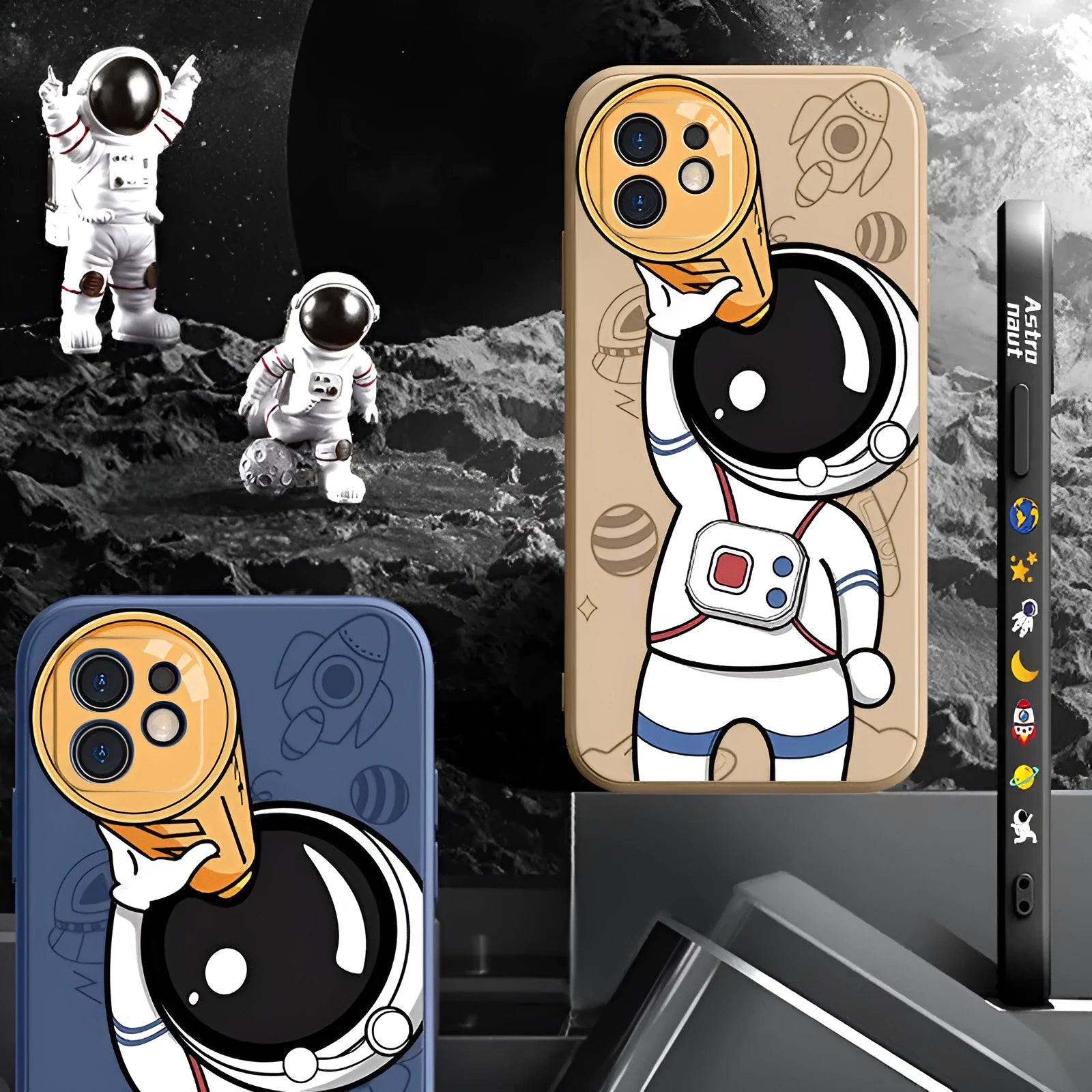 Cartoon astronaut design on a soft black silicone phone case for iPhone, showing a telescope and planets.