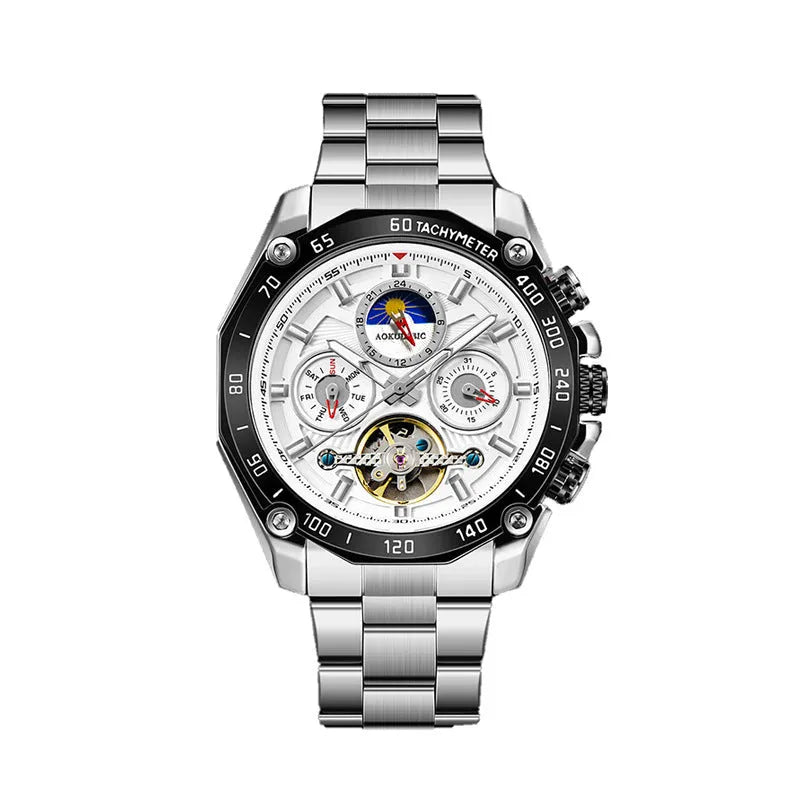 Men's automatic mechanical watch with stainless steel case and choice of black or white dial.
