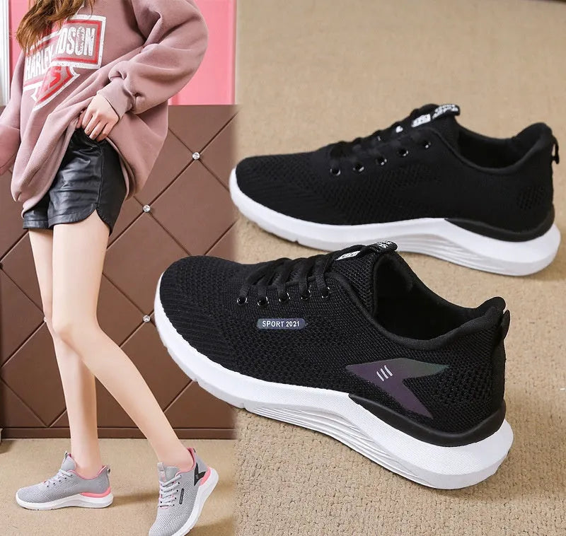 Low-top women's casual running shoes in beige with mesh upper, round toe, and front lace-up closure