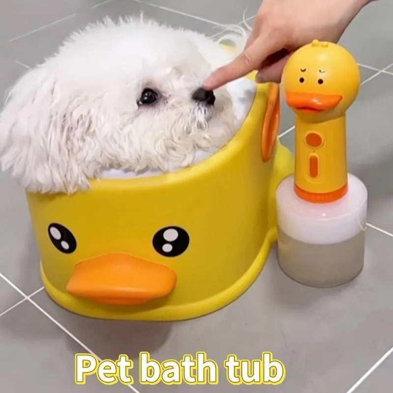 Blue foldable duck-shaped PVC bathtub for washing a dog or cat.