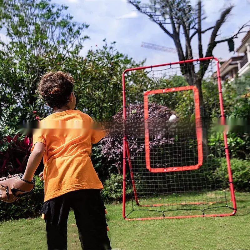Red 4x6FT portable baseball training net with adjustable metal frame set up on grass.