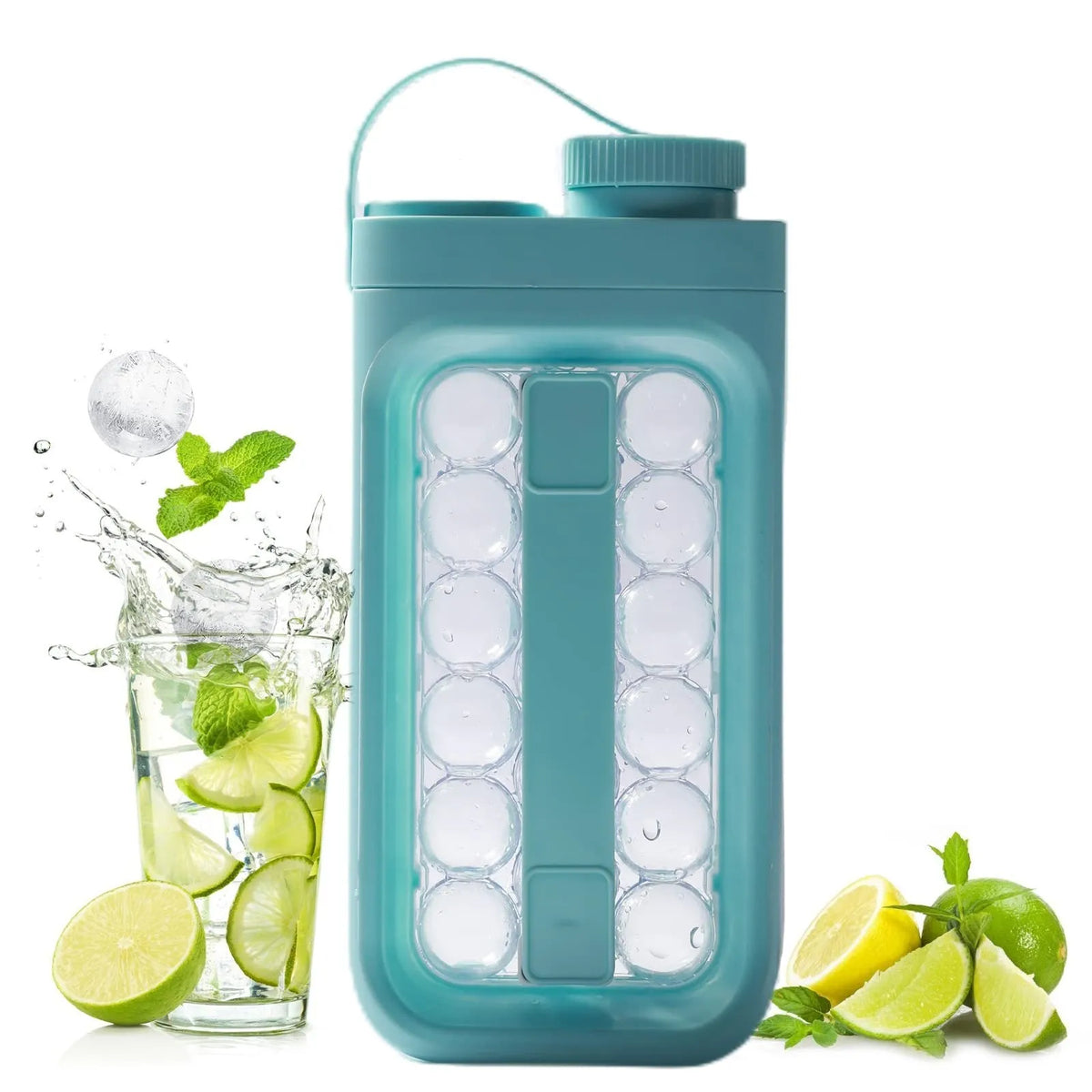 Light blue and white portable ice ball kettle with 17 spherical moulds and bottle function