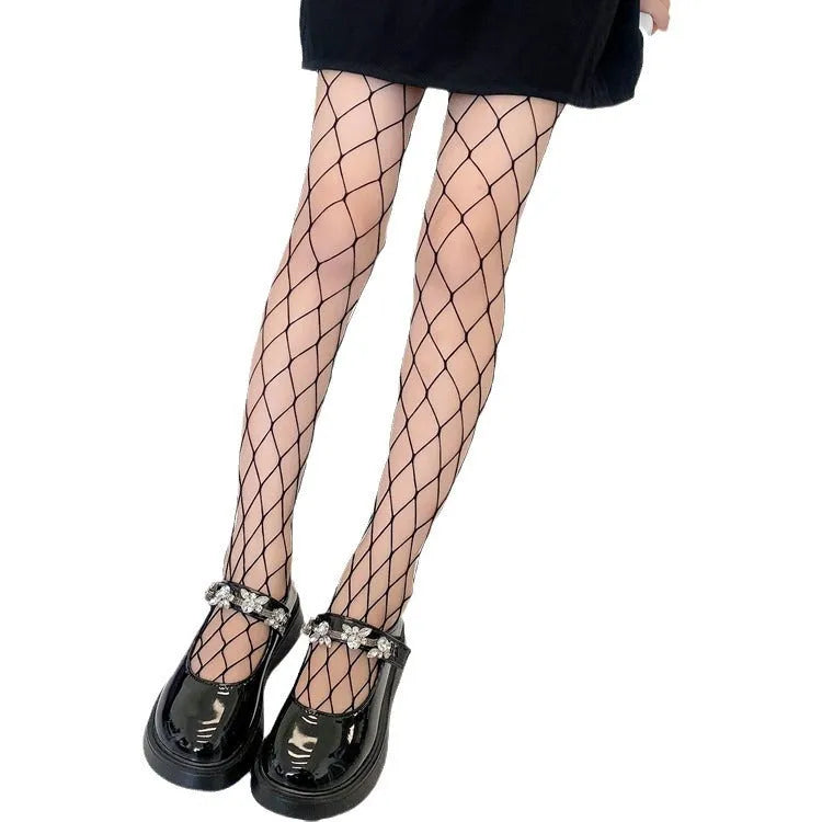 Women's mesh stockings showing large, medium and small mesh patterns in black and white