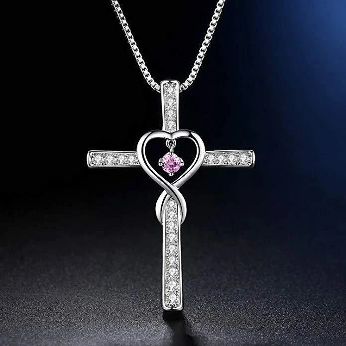 Christian Cross Birthstone Pendant Necklace with Zircon Heart in gold-plated finish
