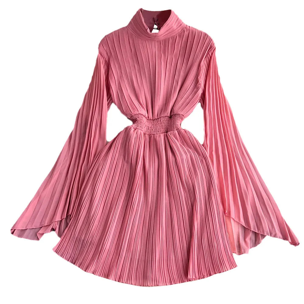 Horn long sleeves stand collar high waist A-line chiffon dress in orange-red colour