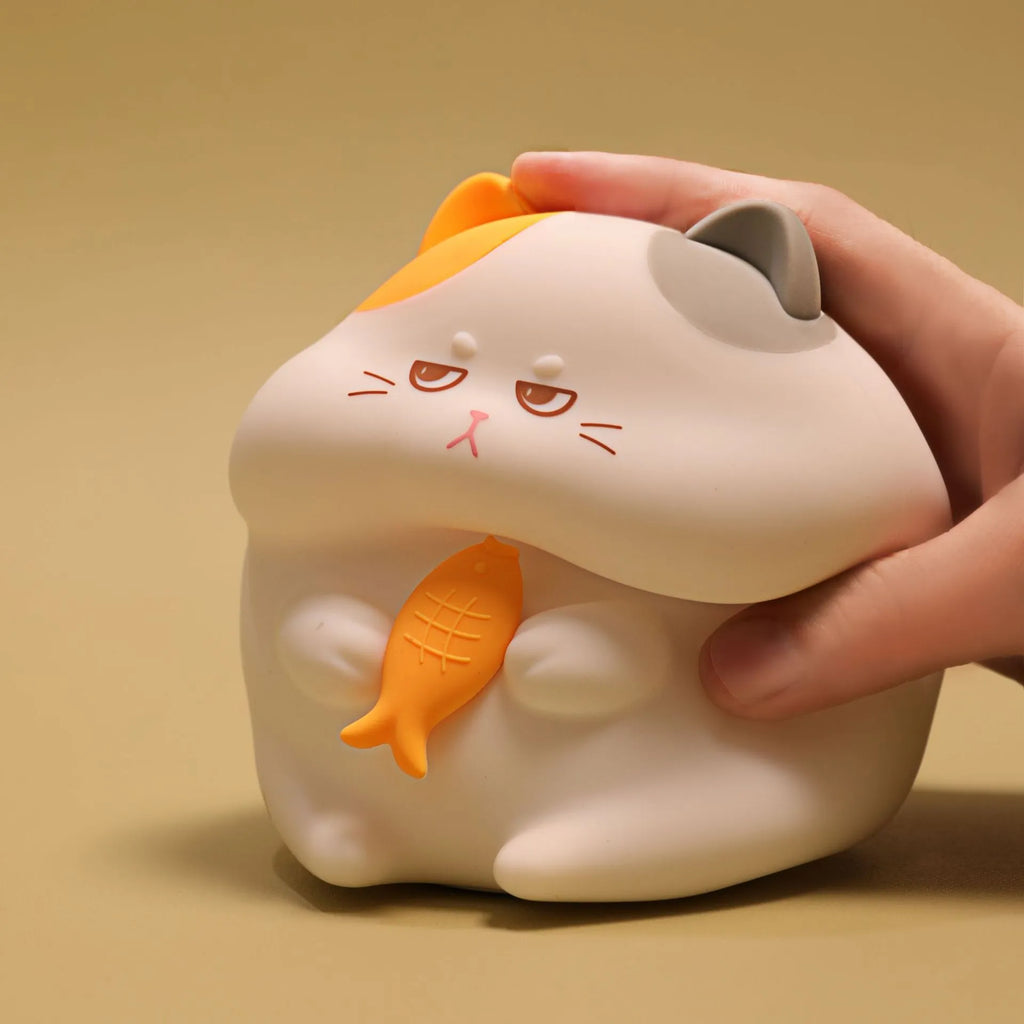 Greedy Cat cartoon desktop night light showing touch control and character design options