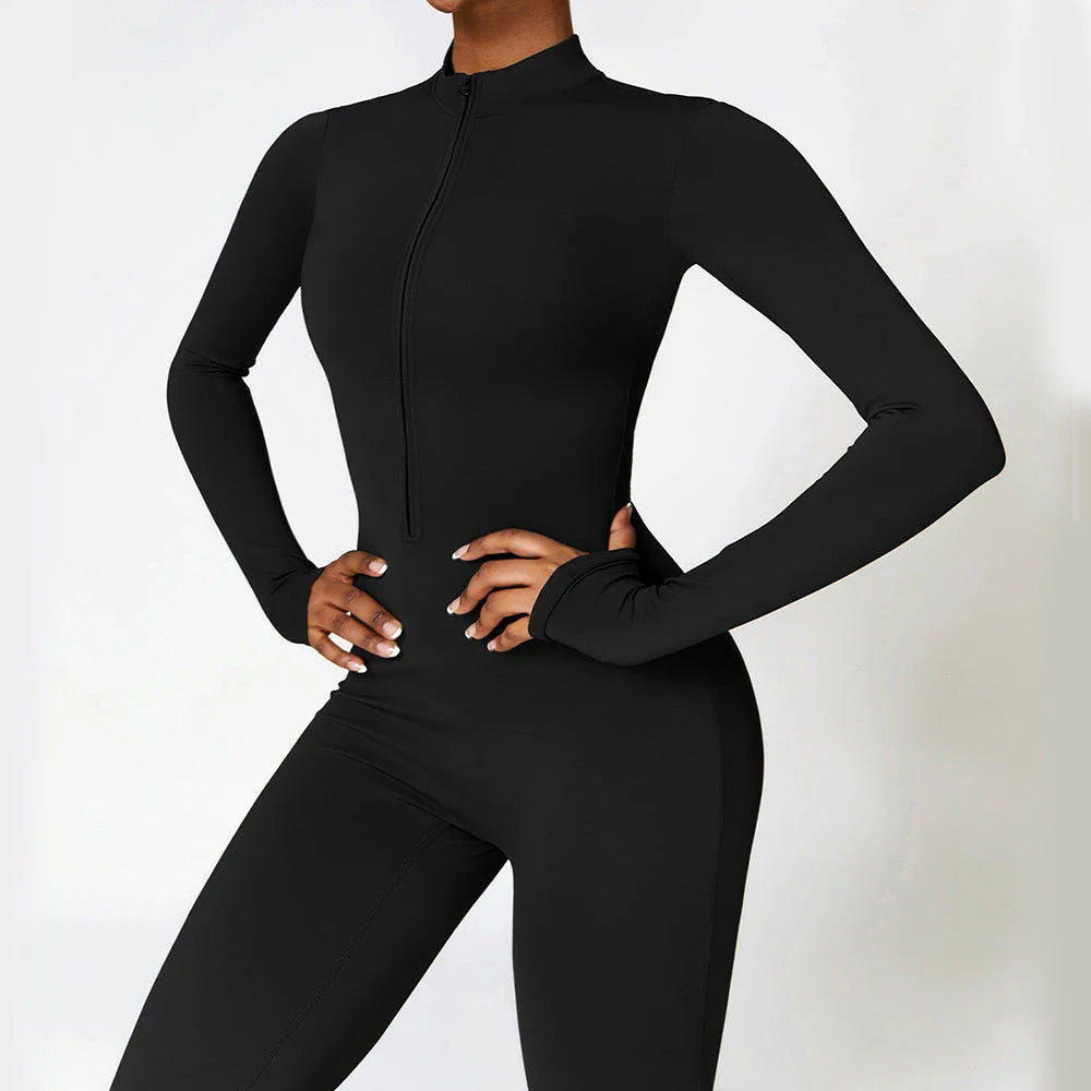 A versatile zippered athletic jumpsuit in various colors, ideal for yoga, fitness, and sports activities