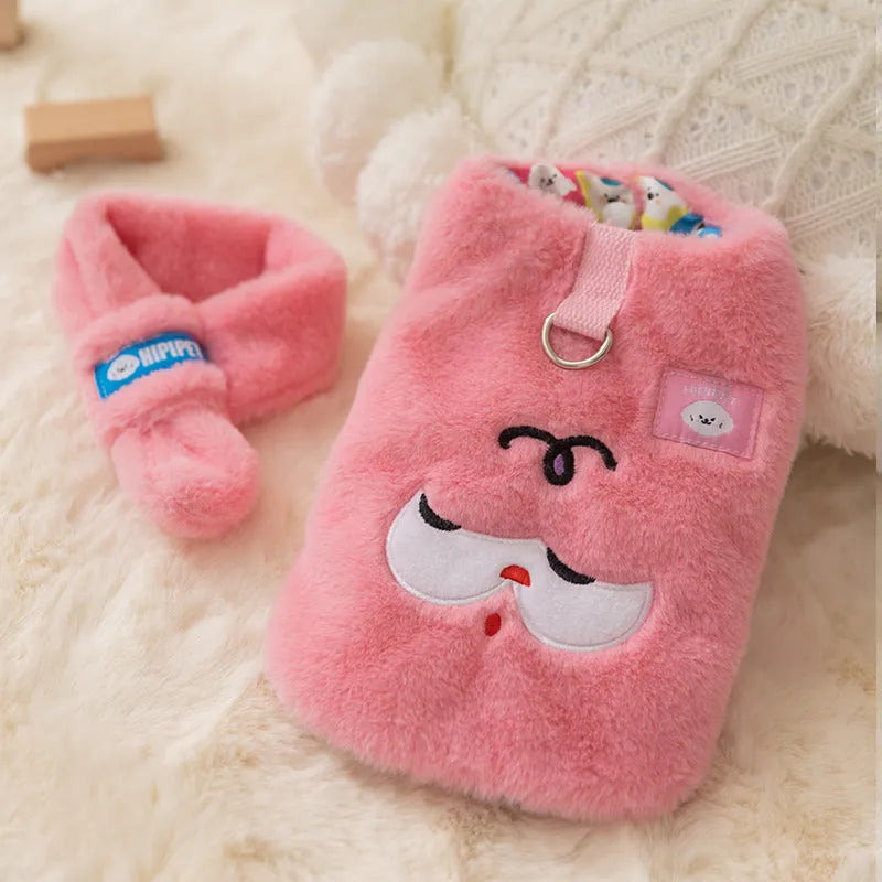 Autumn winter Korean pet hoodie with cute cartoon bear design and scarf in pink, shown on small dog