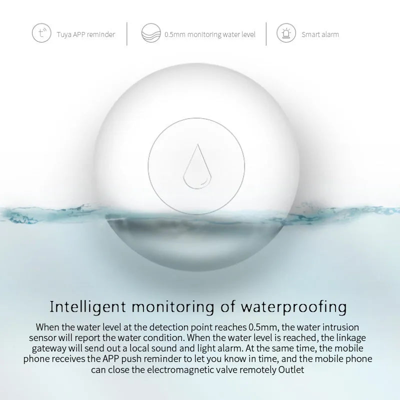 Compact white Zigbee wireless water flood sensor on a surface