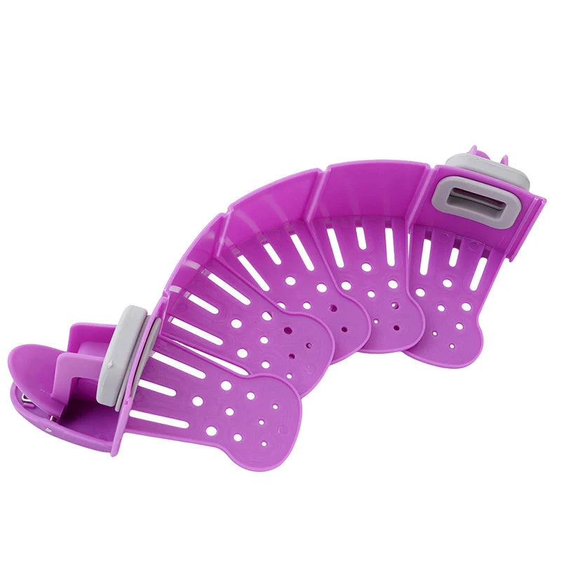 Universal Silicone Clip-on Pan Pot Strainer in purple and green, showcasing its compact design and secure clips