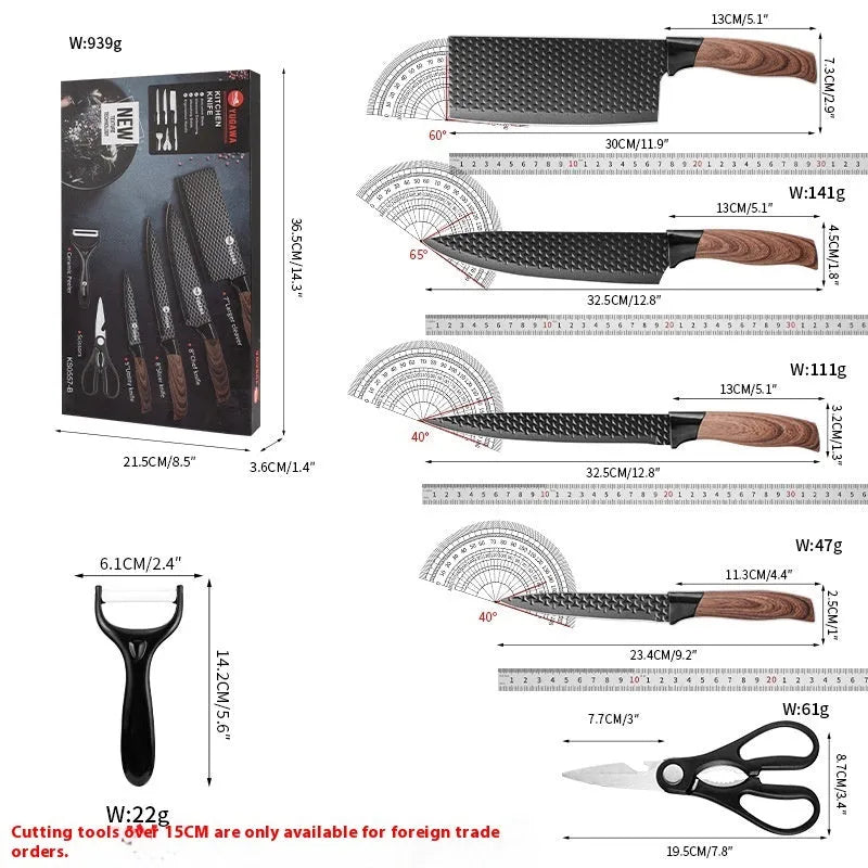 Six kitchen knives with diamond-pattern 2CR13 steel blades and wood grain handles laid out on a surface