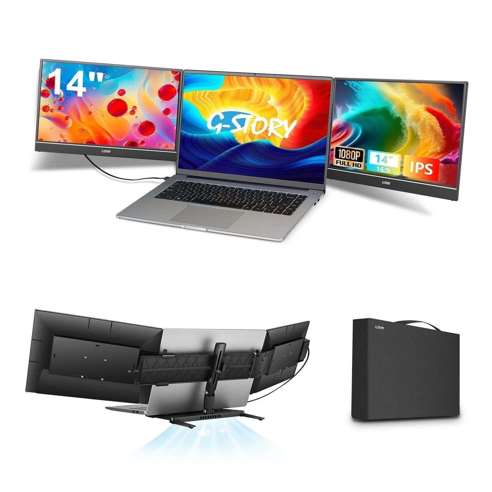 Black HD 14-inch dual screen IPS LCD office display with USB interface