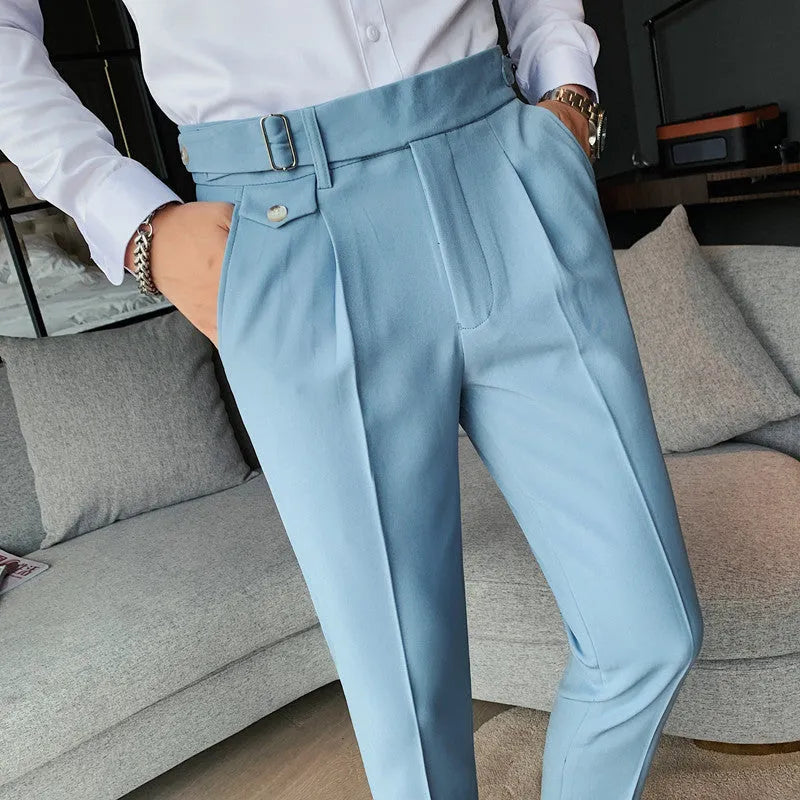 Men's solid colour straight leg casual trousers in polyester, shown in a light colour on a hanger.