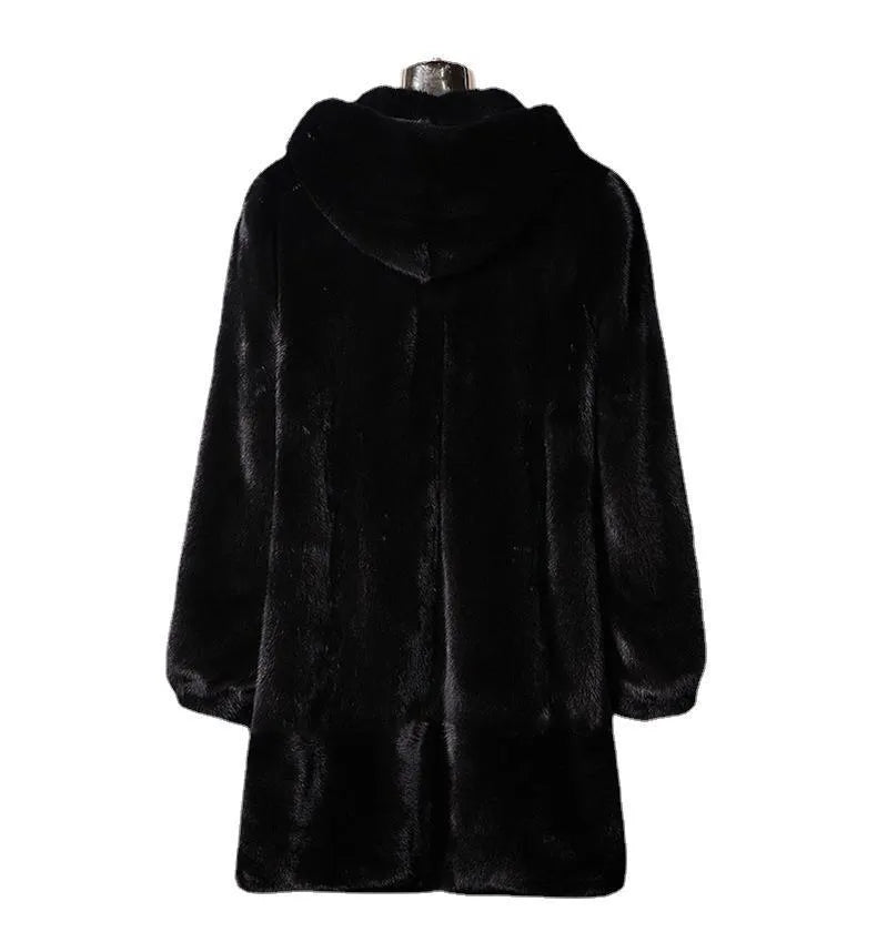Women's long black faux fur hooded coat for winter street fashion wear.