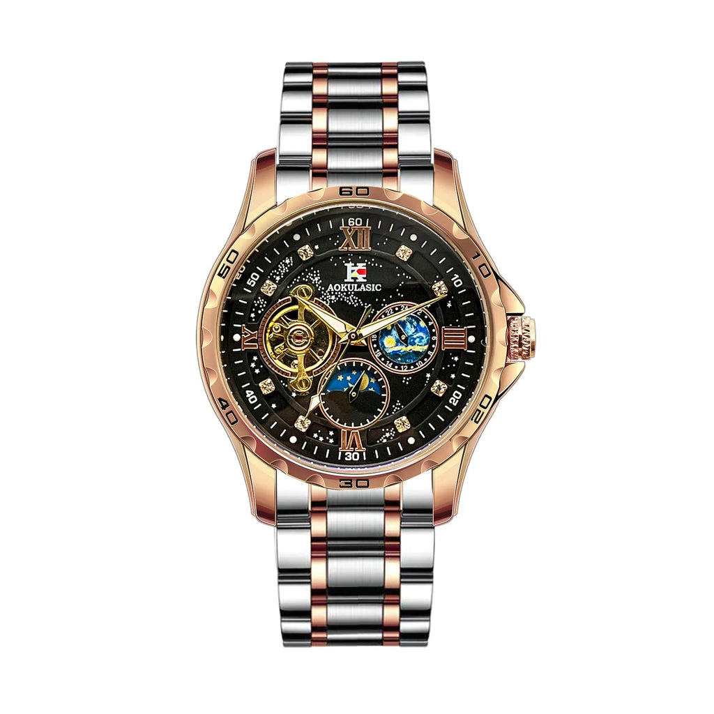 Automatic mechanical men's watch with rose gold case, black dial, and large day-date display.