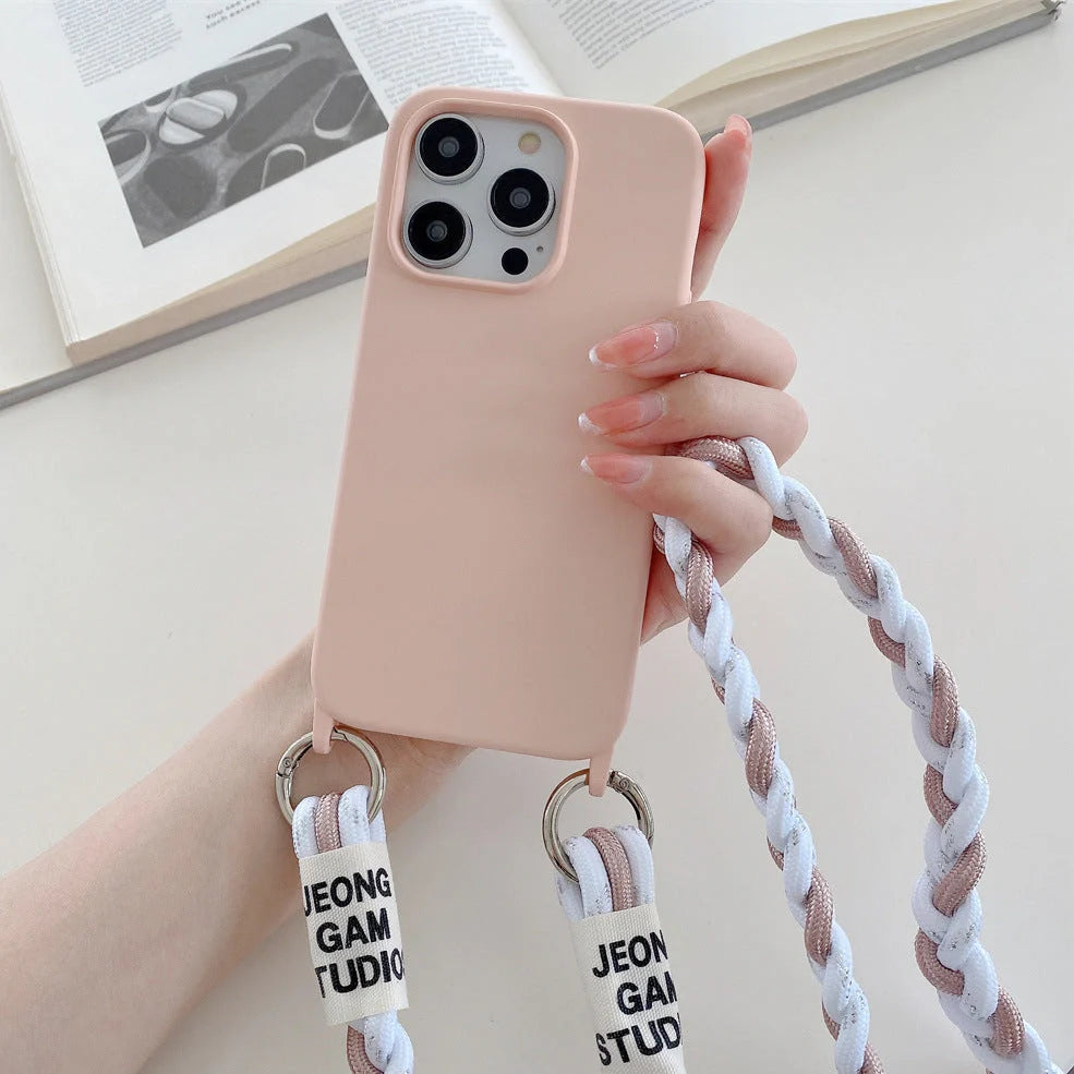 Woven fabric silicone phone case with cross-body lanyard in pink, purple, or antique white colours