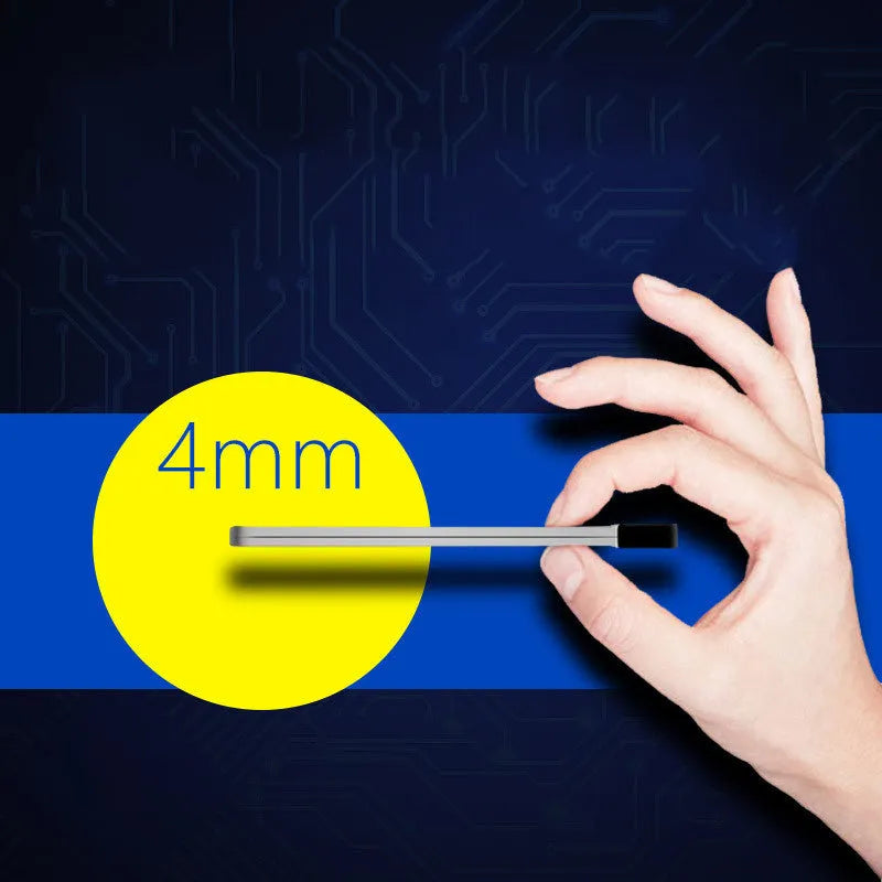 Silver ultra-thin graphene power bank measuring 140mm by 72mm by 4mm