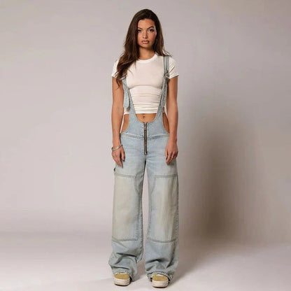 Trendy denim overalls with pockets, featuring a unique Y2K-inspired design, micro-elastic fit, and convenient layout for a stylish and comfortable streetwear look.