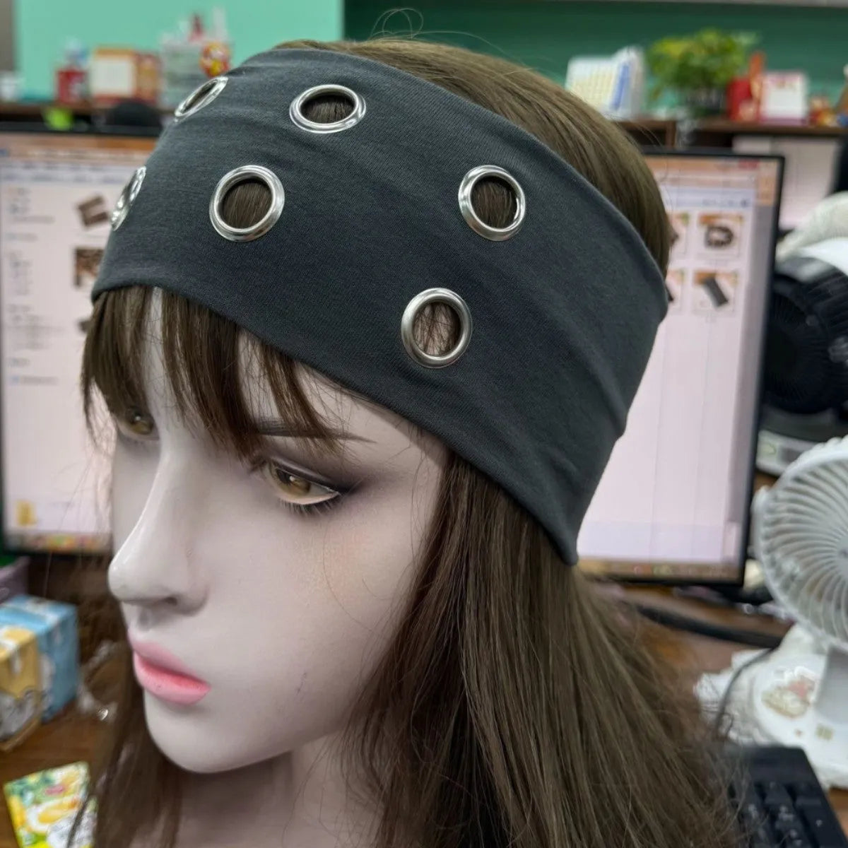 Punk style metal circle pullover hair band for exercise in multiple colour options.