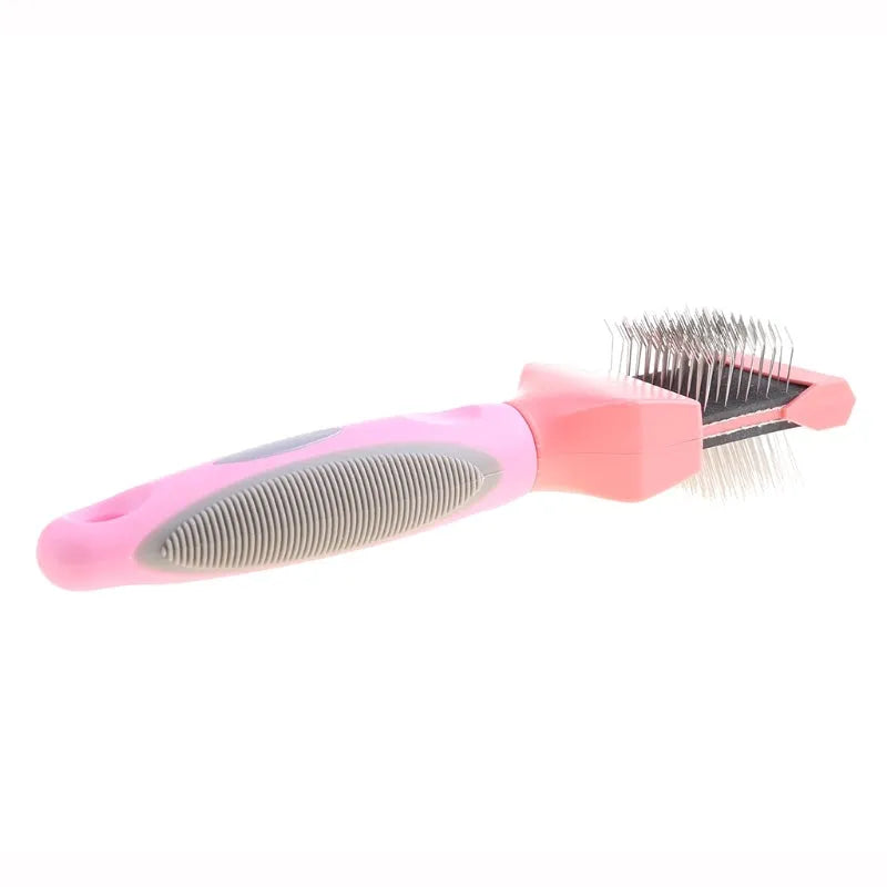 Double-sided pet grooming brush with stainless steel pins and ergonomic handle in blue