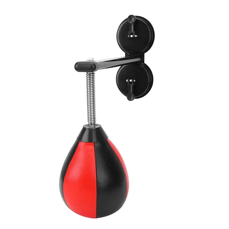 Pear-shaped hanging boxing training ball with suction cup mounting system on wall
