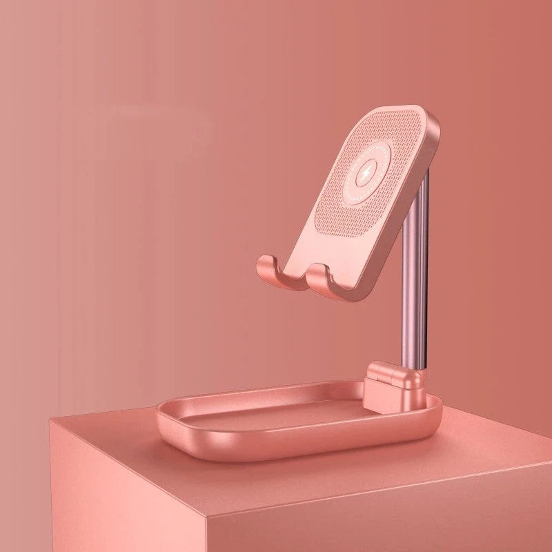 Folding portable wireless charging mobile phone holder in pink, white, and black