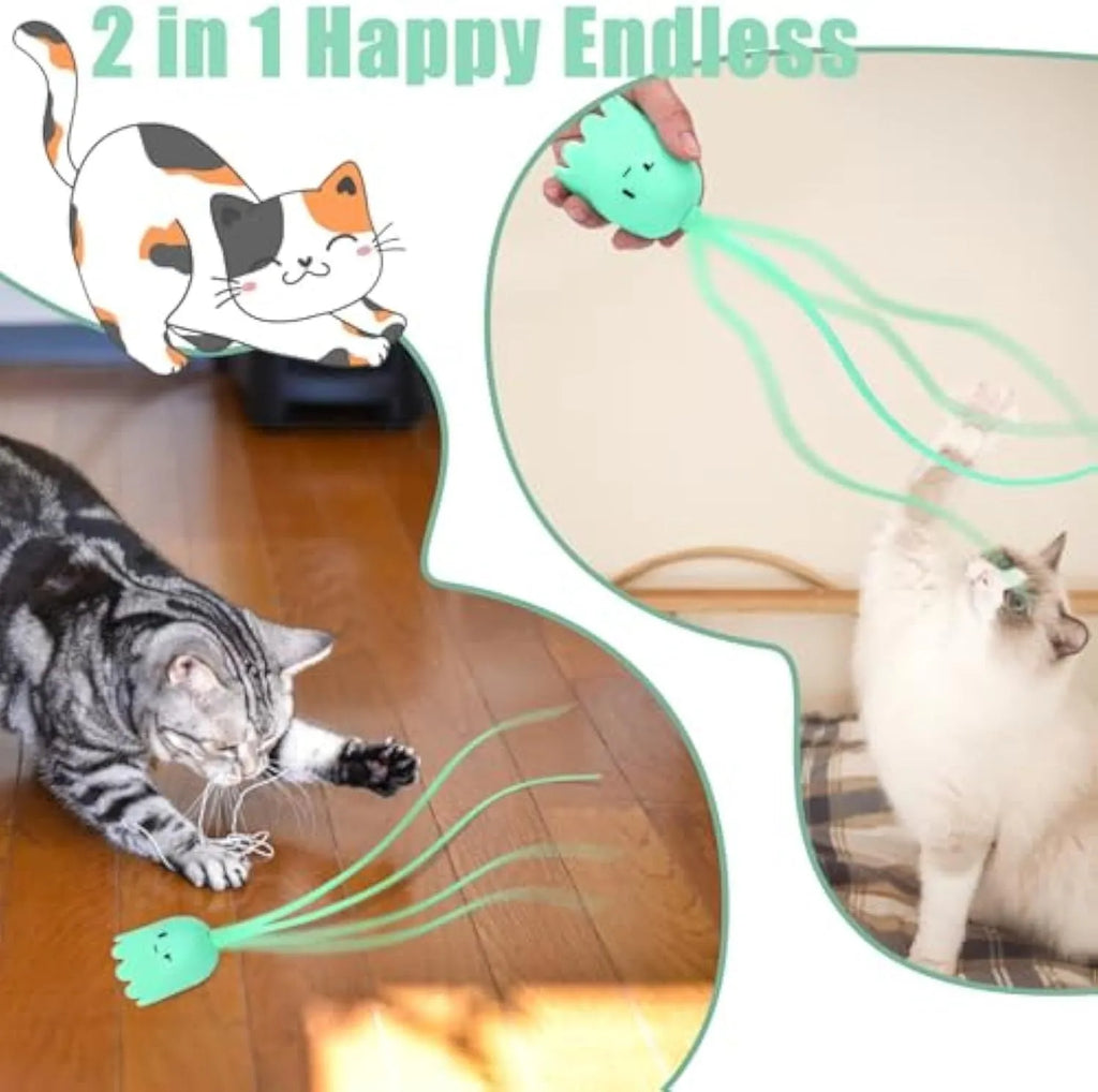 Green automatic cat wand toy with rotating silicone tails on a 38cm long wand for indoor cats