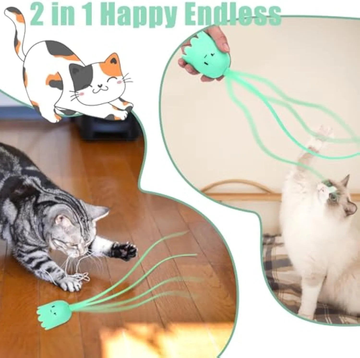 Green automatic cat wand toy with rotating silicone tails on a 38cm long wand for indoor cats