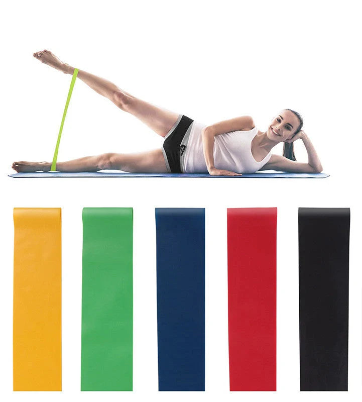 Set of five colour-coded resistance bands for yoga and fitness training, with storage bag