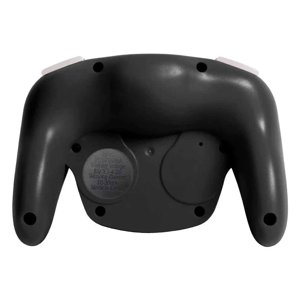 Black wireless Bluetooth gamepad for Nintendo Switch with colourful packaging, showing its size and buttons.