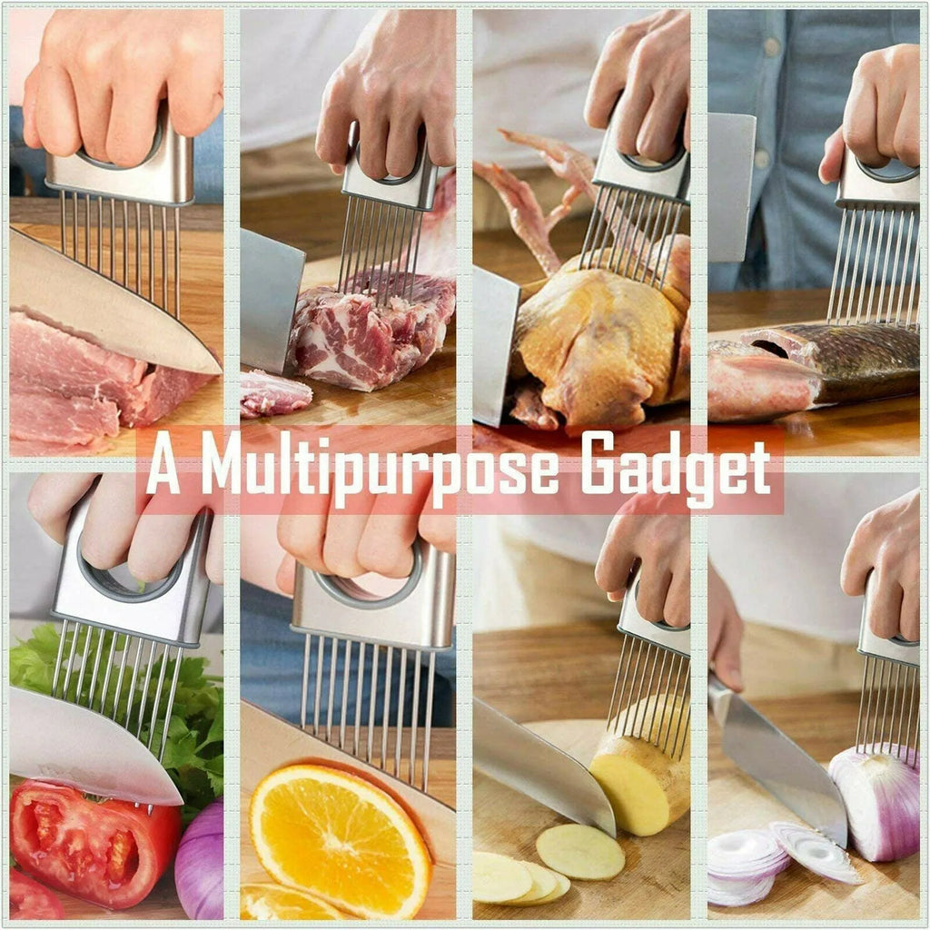 Stainless steel onion holder with sharp prongs and a finger guard on a kitchen counter.