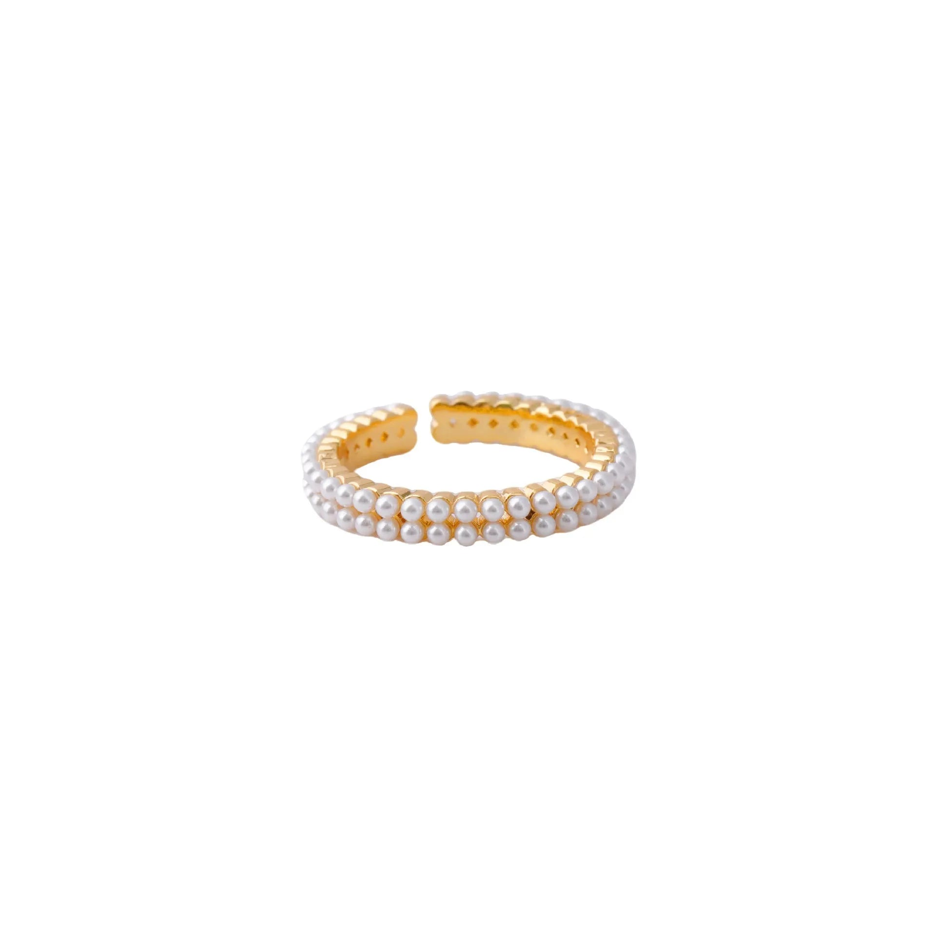 Gold geometric women's ring with open mouth design and round pearl element