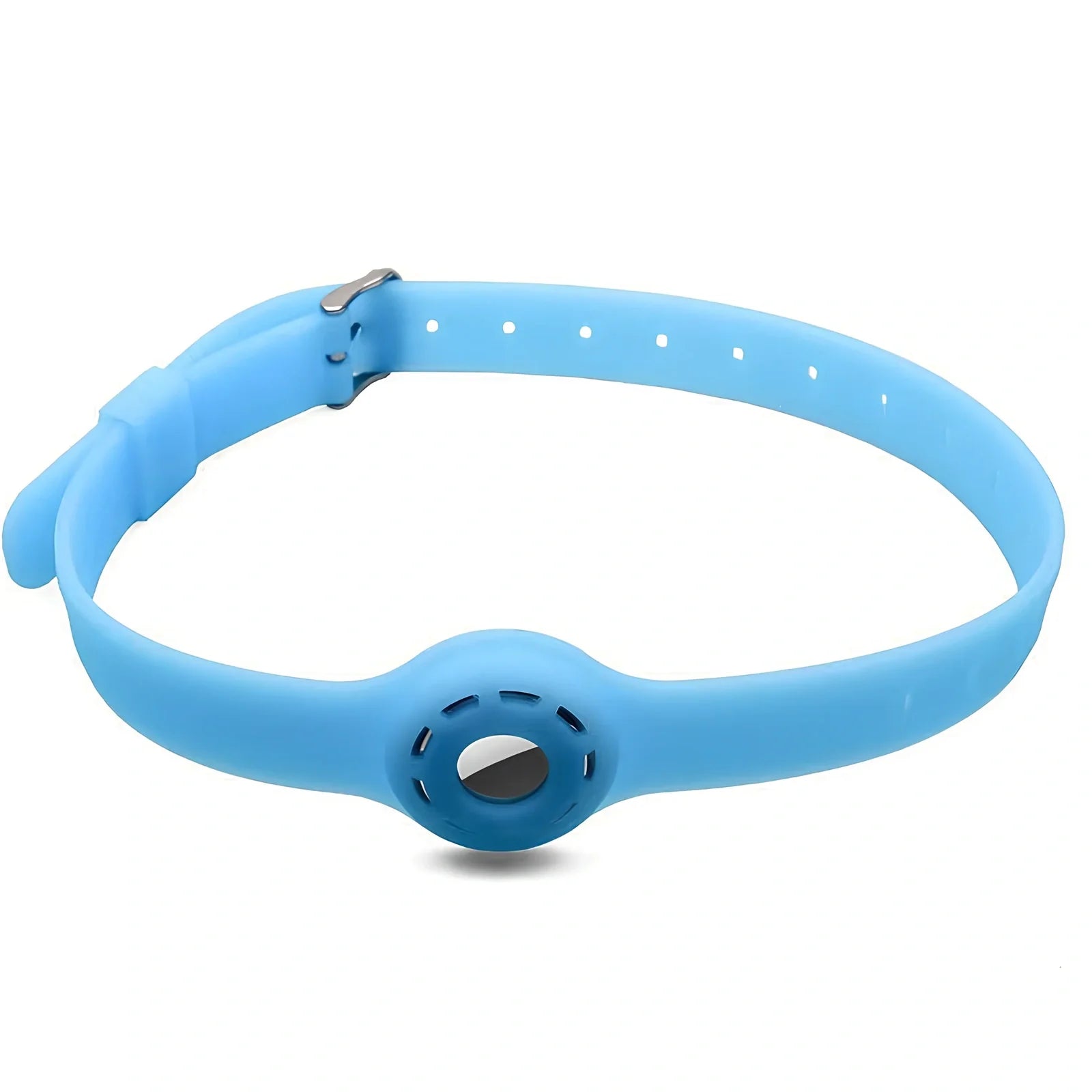 Red silicone AirTag tracker collar wrapped on pet neck, adjustable armband in solid colour for anti-lost security