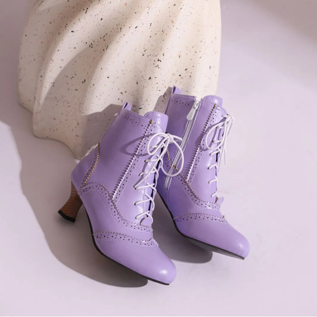 Dopamine Girl short boots mid heel stiletto round toe synthetic PU black white red dark brown dark green light purple