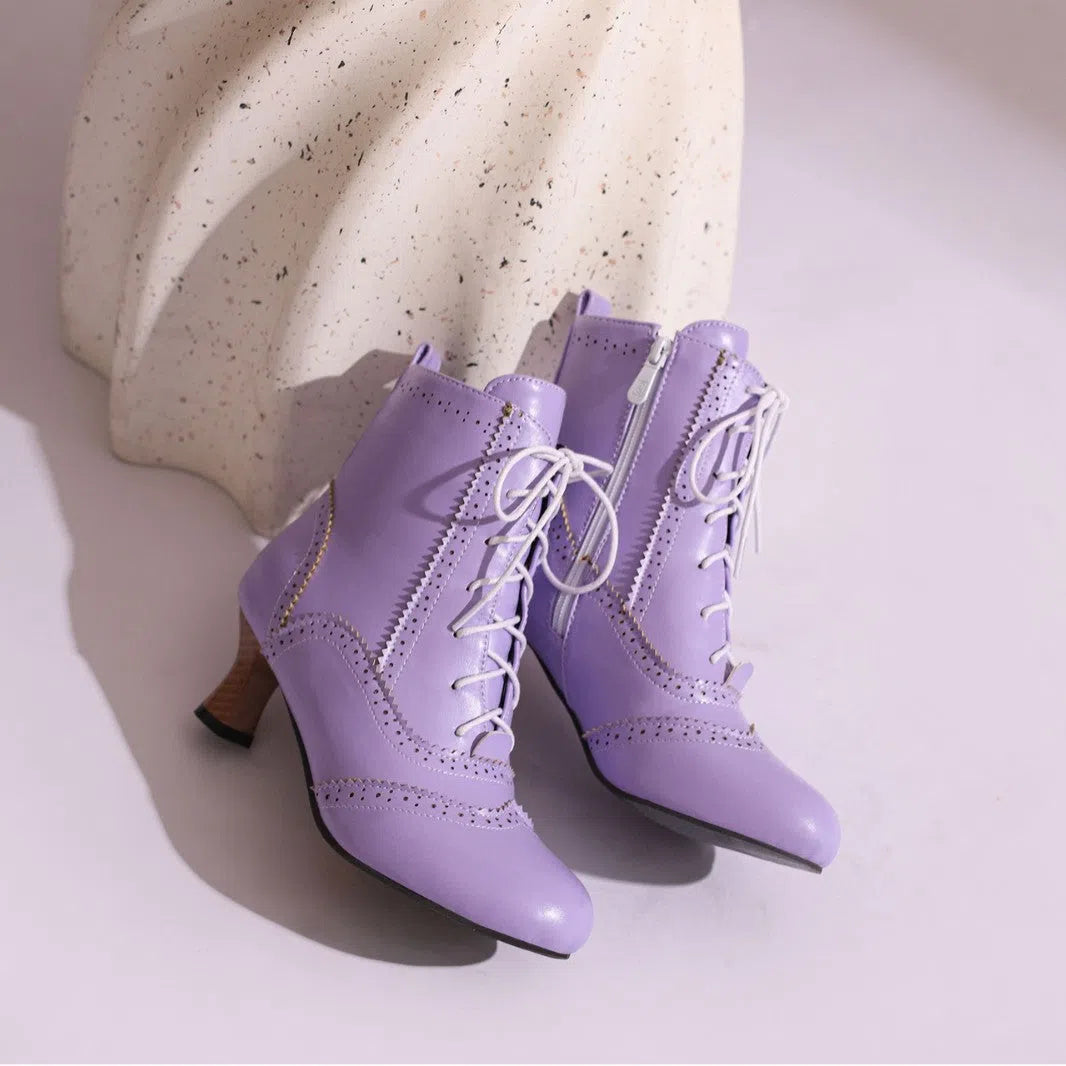 Dopamine Girl short boots mid heel stiletto round toe synthetic PU black white red dark brown dark green light purple