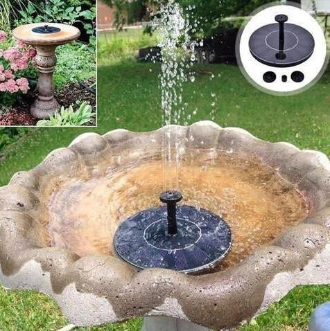 Solar Water Mercury Garden Miniature Floating Fountain with adjustable sprays in a garden setting