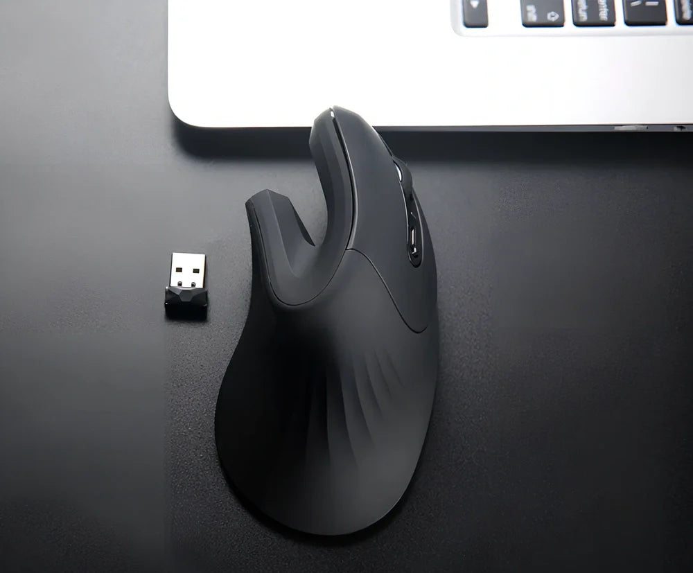 Black wireless vertical mouse with 6 buttons, ergonomic grip, and adjustable DPI display on desk surface