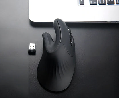 Black wireless vertical mouse with 6 buttons, ergonomic grip, and adjustable DPI display on desk surface
