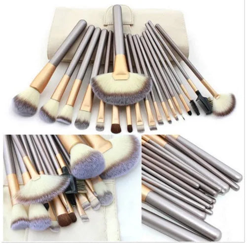 Persian makeup brush set with rice white bristles and champagne handles in 12, 18, or 24 brush options