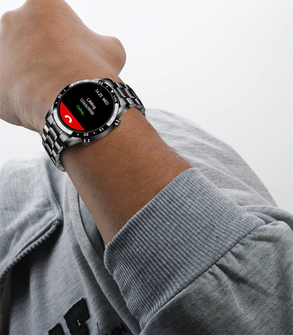 Smart watch with stainless steel wristband and 1.3-inch touchscreen display showing step count