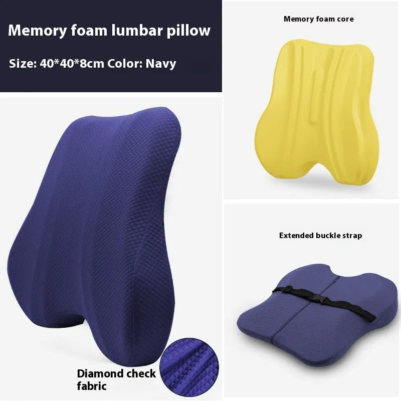 Office station chair lumbar support cushion measuring 40x40x8cm in grey, navy blue and pink colours