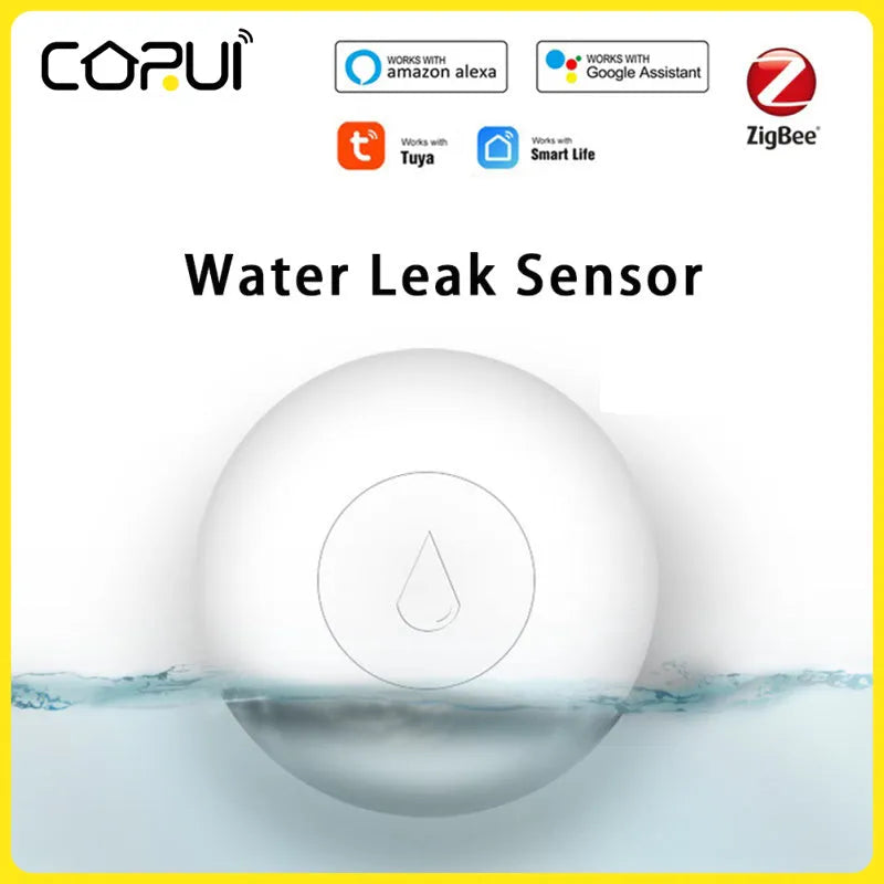 Compact white Zigbee wireless water flood sensor on a surface